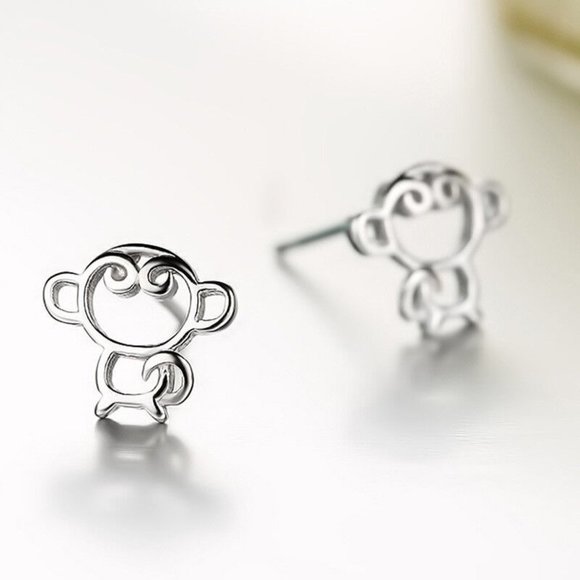18K White Gold Filled Monkey Carved Swirl Stud Earrings Stamp Sterling Silver - Picture 2 of 5